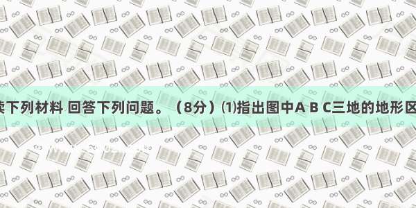 读图并阅读下列材料 回答下列问题。（8分）⑴指出图中A B C三地的地形区名称：A B