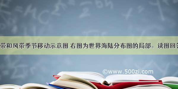 左图为气压带和风带季节移动示意图 右图为世界海陆分布图的局部。读图回答下列问题。