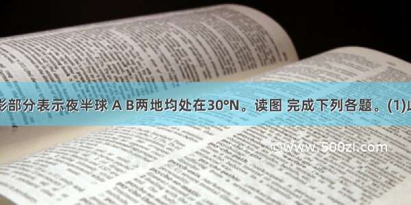 下图中阴影部分表示夜半球 A B两地均处在30°N。读图 完成下列各题。(1)此时太阳直