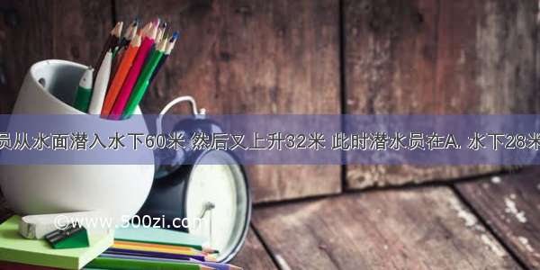 一个潜水员从水面潜入水下60米 然后又上升32米 此时潜水员在A. 水下28米B. 水下32