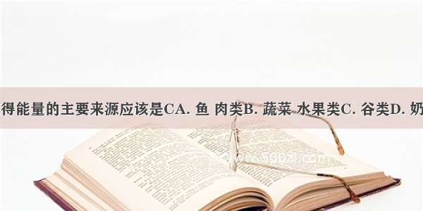 学生获得能量的主要来源应该是CA. 鱼 肉类B. 蔬菜 水果类C. 谷类D. 奶制品类