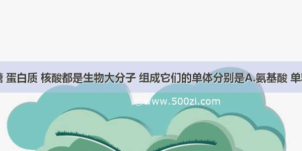 单选题多糖 蛋白质 核酸都是生物大分子 组成它们的单体分别是A.氨基酸 单糖 核苷酸B