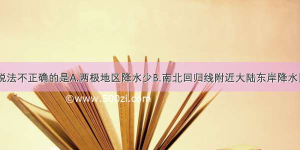 单选题下列说法不正确的是A.两极地区降水少B.南北回归线附近大陆东岸降水比西岸多C.中