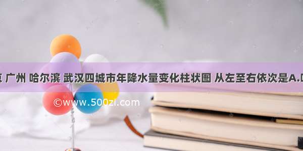 图是北京 广州 哈尔滨 武汉四城市年降水量变化柱状图 从左至右依次是A.哈尔滨 北