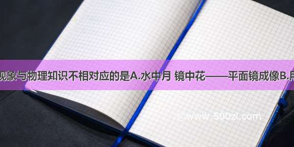 单选题下列现象与物理知识不相对应的是A.水中月 镜中花——平面镜成像B.用锯锯木头时